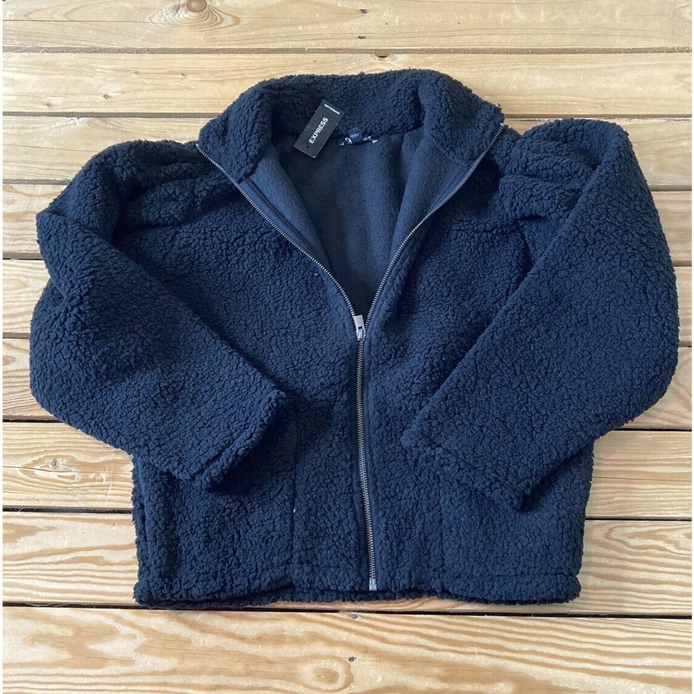 NWT Express Fleece Teddy Jacket Size Small Women's Black Full Zip MSRP $78